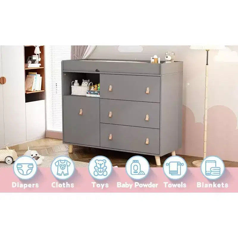 Table à langer Famapy avec poignées en cuir, grand plan de travail, trois tiroirs, grand espace de rangement, armoire de rangement