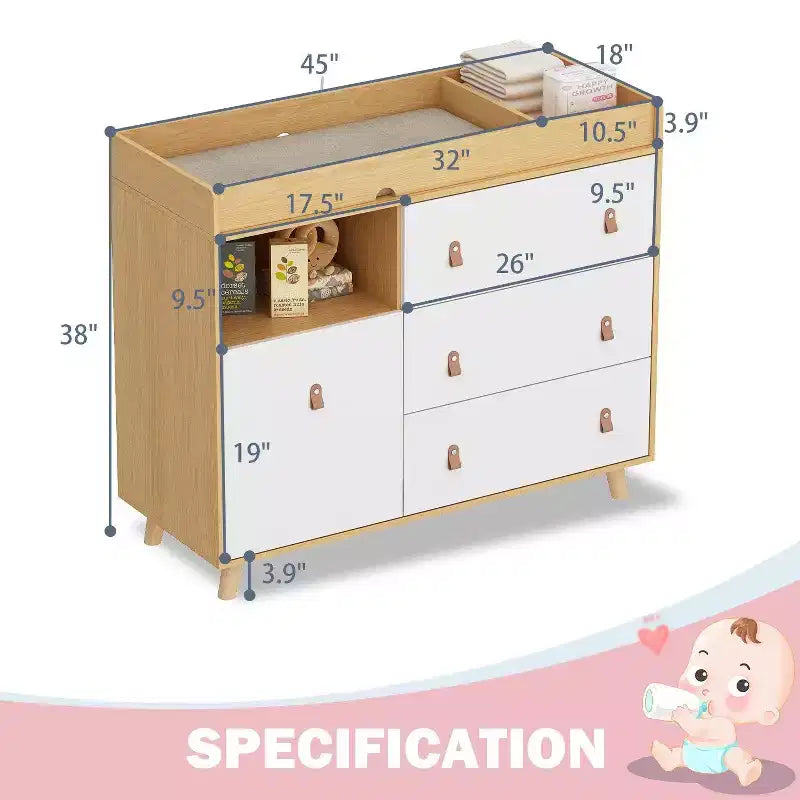 Table à langer Famapy avec poignées en cuir, grand plan de travail, trois tiroirs, grand espace de rangement, armoire de rangement