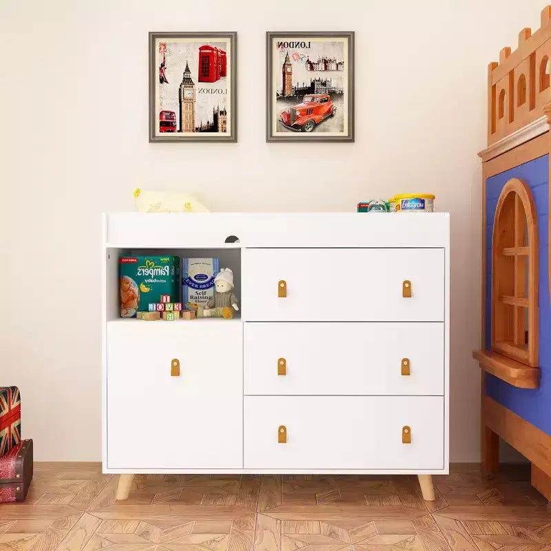 Table à langer Famapy avec poignées en cuir, grand plan de travail, trois tiroirs, grand espace de rangement, armoire de rangement