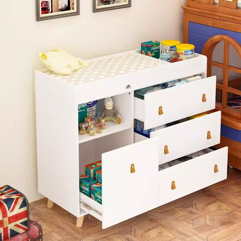 Table à langer Famapy avec poignées en cuir, grand plan de travail, trois tiroirs, grand espace de rangement, armoire de rangement