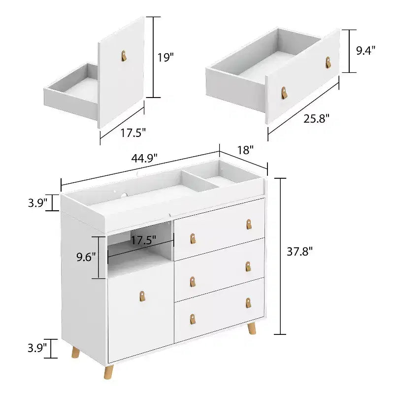 Table à langer Famapy avec poignées en cuir, grand plan de travail, trois tiroirs, grand espace de rangement, armoire de rangement
