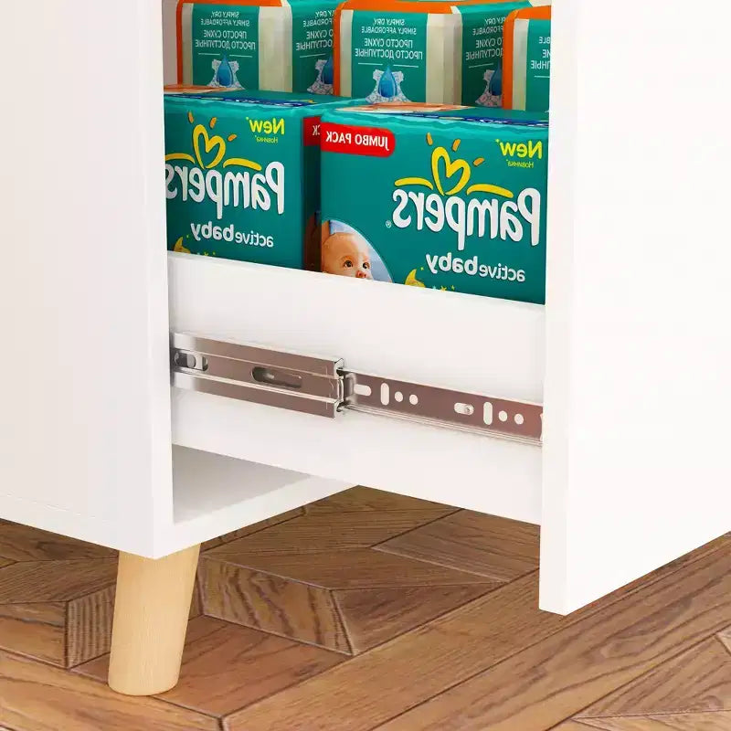 Table à langer Famapy avec poignées en cuir, grand plan de travail, trois tiroirs, grand espace de rangement, armoire de rangement