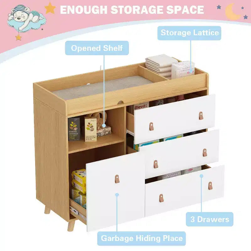 Table à langer Famapy avec poignées en cuir, grand plan de travail, trois tiroirs, grand espace de rangement, armoire de rangement