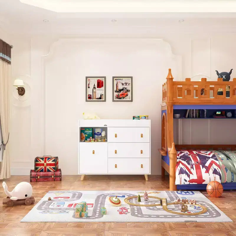 Table à langer Famapy avec poignées en cuir, grand plan de travail, trois tiroirs, grand espace de rangement, armoire de rangement