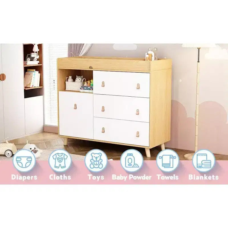 Table à langer Famapy avec poignées en cuir, grand plan de travail, trois tiroirs, grand espace de rangement, armoire de rangement