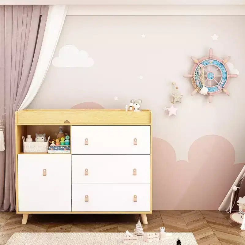 Table à langer Famapy avec poignées en cuir, grand plan de travail, trois tiroirs, grand espace de rangement, armoire de rangement