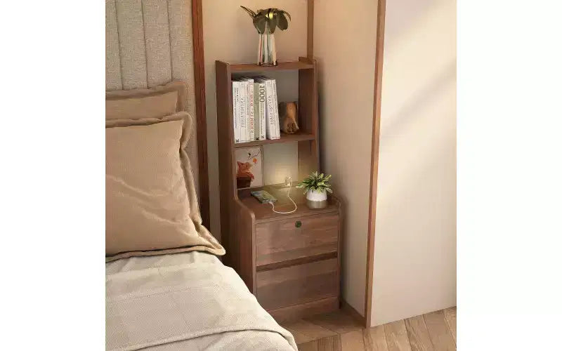 Table de chevet haute avec station de charge et veilleuse, commande vocale, grande table de chevet en bois avec meuble de rangement et étagère pour chambre à coucher