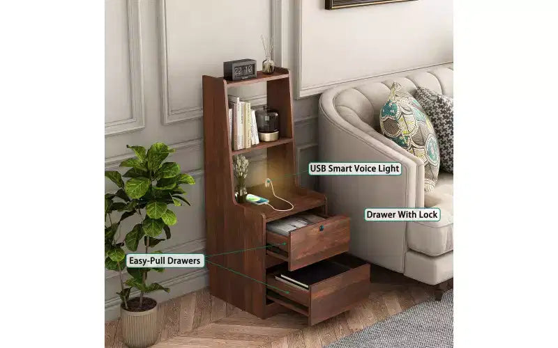 Table de chevet haute avec station de charge et veilleuse, commande vocale, grande table de chevet en bois avec meuble de rangement et étagère pour chambre à coucher