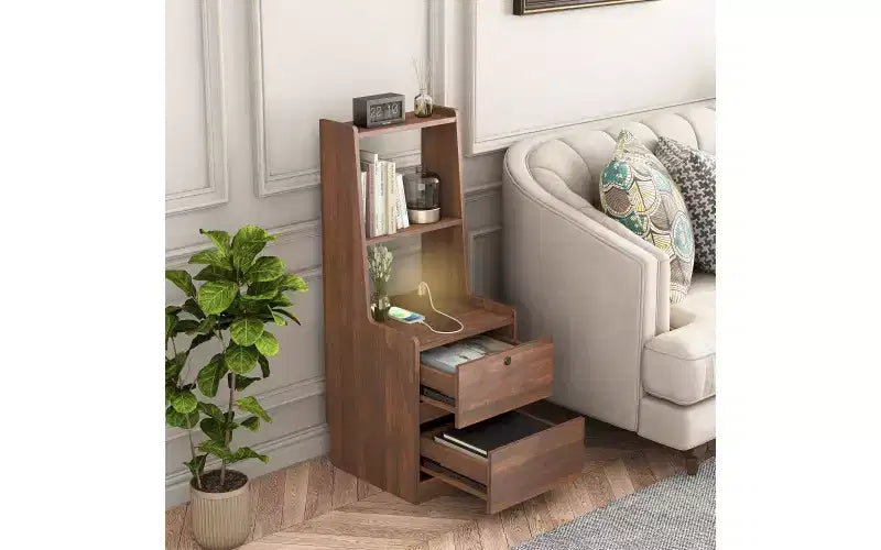 Table de chevet haute avec station de charge et veilleuse, commande vocale, grande table de chevet en bois avec meuble de rangement et étagère pour chambre à coucher