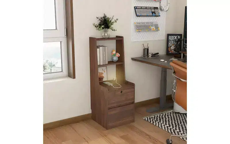 Table de chevet haute avec station de charge et veilleuse, commande vocale, grande table de chevet en bois avec meuble de rangement et étagère pour chambre à coucher