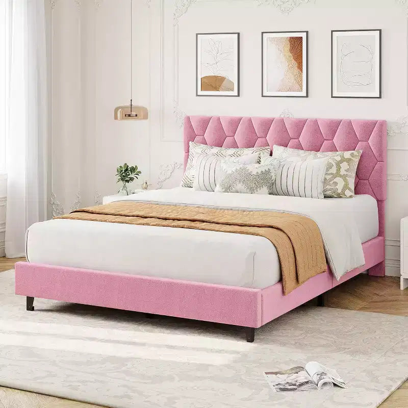 Queen Size Bed Frame with Velvet Upholstered Headboard,Heavy-Duty Platform Bed Frame with Strong Wood Slats, No Box Spring Needed
