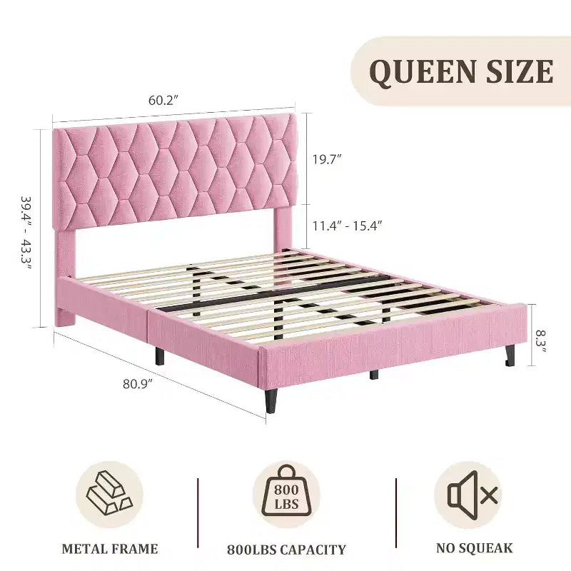 Cadre de lit Queen Size avec tête de lit capitonnée en velours, cadre de lit plateforme robuste avec lattes en bois solides, pas besoin de sommier tapissier