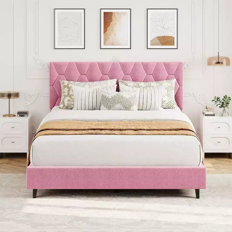 Cadre de lit Queen Size avec tête de lit capitonnée en velours, cadre de lit plateforme robuste avec lattes en bois solides, pas besoin de sommier tapissier