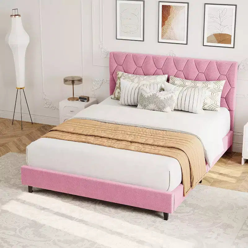 Cadre de lit Queen Size avec tête de lit capitonnée en velours, cadre de lit plateforme robuste avec lattes en bois solides, pas besoin de sommier tapissier