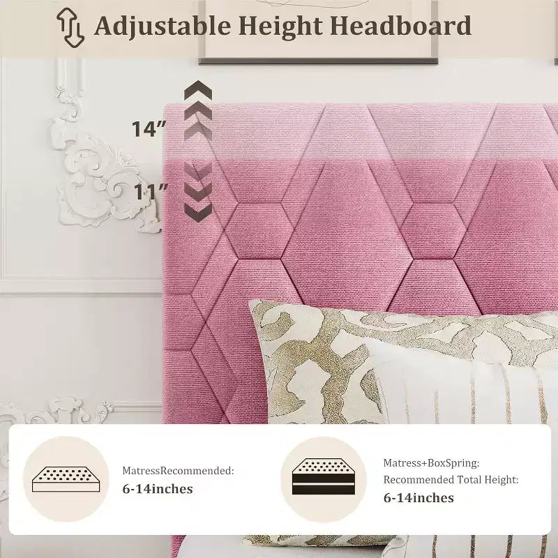 Cadre de lit Queen Size avec tête de lit capitonnée en velours, cadre de lit plateforme robuste avec lattes en bois solides, pas besoin de sommier tapissier