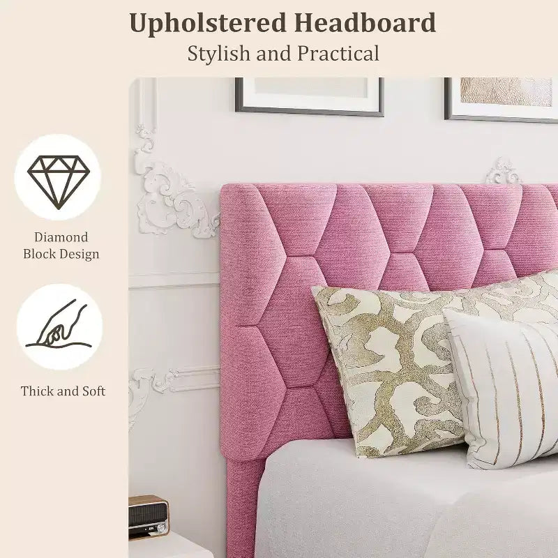 Cadre de lit Queen Size avec tête de lit capitonnée en velours, cadre de lit plateforme robuste avec lattes en bois solides, pas besoin de sommier tapissier