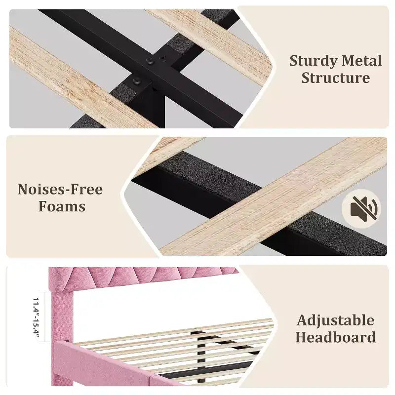 Cadre de lit Queen Size avec tête de lit capitonnée en velours, cadre de lit plateforme robuste avec lattes en bois solides, pas besoin de sommier tapissier