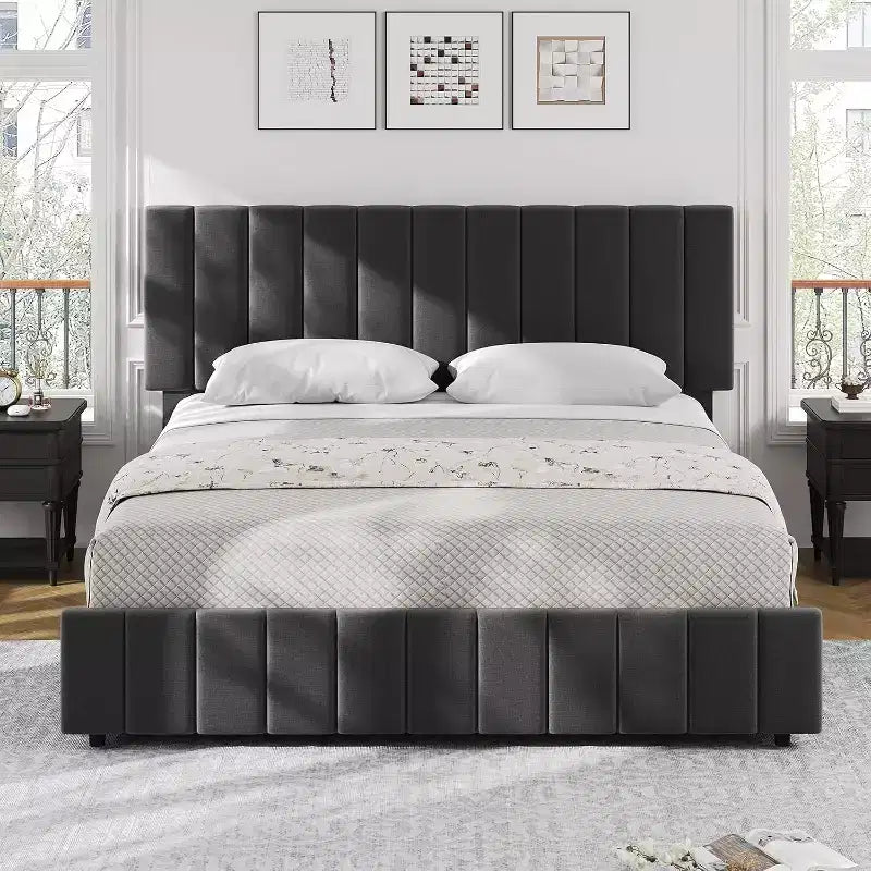 Full Upholstered Platform Bed Frame with 4 Storage Drawers,42.9-45.7 h Adjustable Headboard,Wooden Slats Support,No Box Spring Needed,Grey