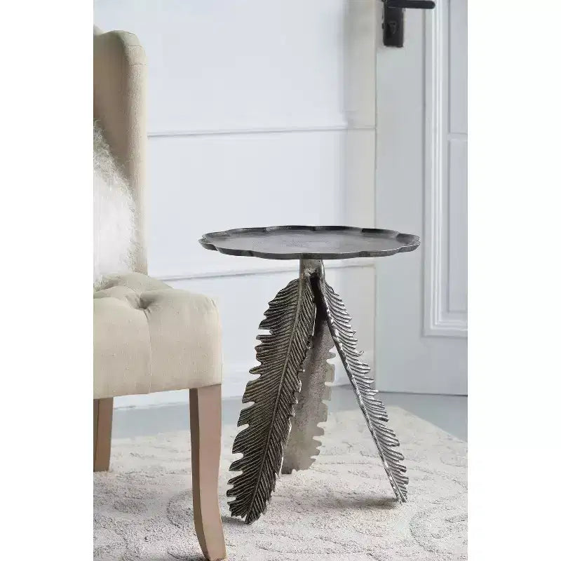 Table d'appoint motif feuille finition argent antique 42,9x42,9x50 cm