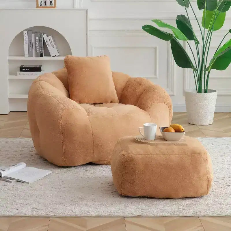 Okak Shell Shaped Bean Bag Chair with Ottoman,Faux Fur Lounger Beanbag Chair &amp; Footstool Set,Oversized Floor Sofa for Adults,Khaki
