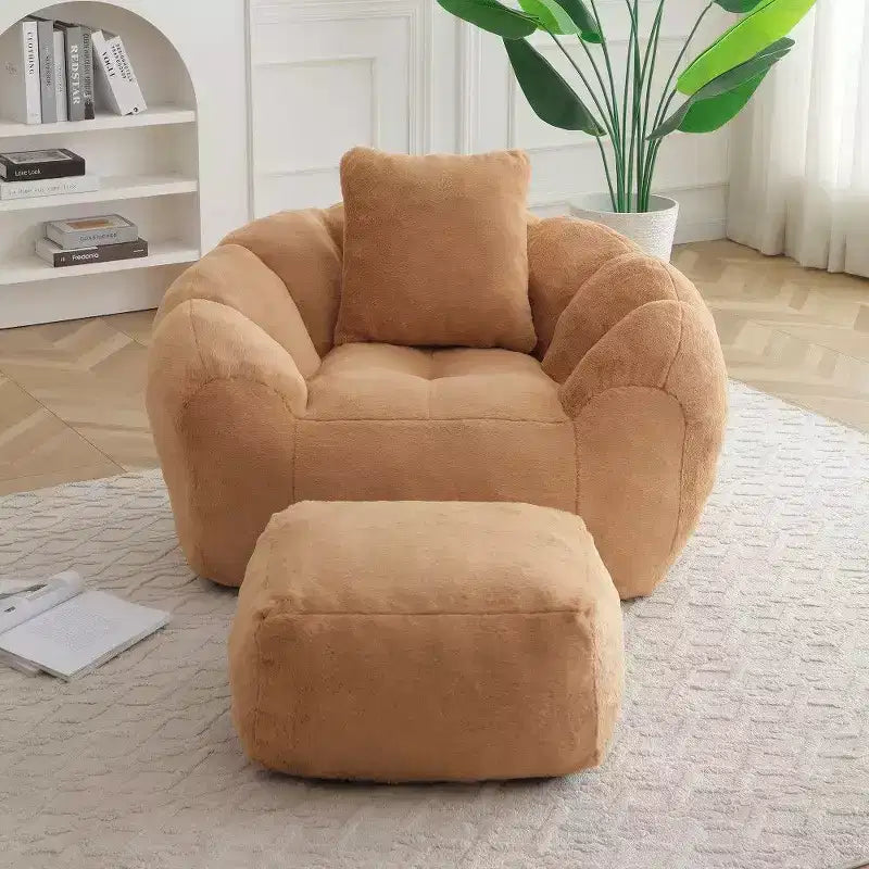 Pouf Géant en Forme de Coquille avec Ottoman, Ensemble Pouf et Repose-Pieds en Fausse Fourrure, Canapé de Sol Surdimensionné pour Adultes, Kaki