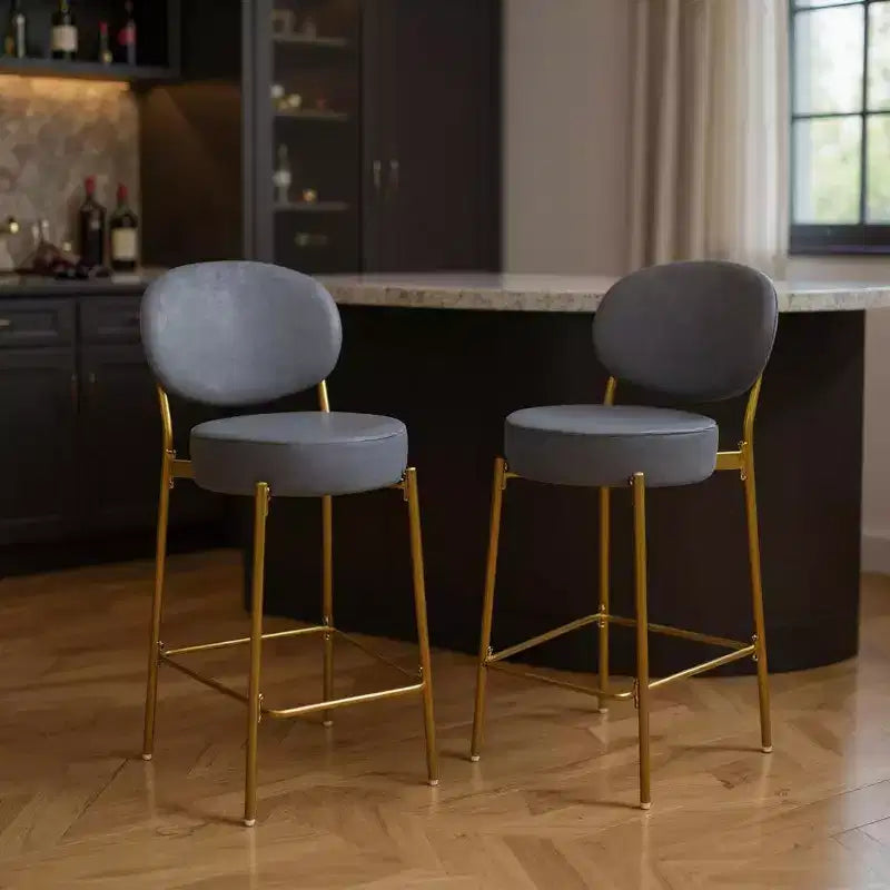 Chaises de bar hautes à dossier bas en velours gris et doré et métal