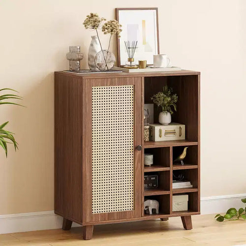 JVNOXK 34-inch Storage Sideboard with Wine Rack, Multiple Storage Compartments, for Living Room Furniture, Walnut