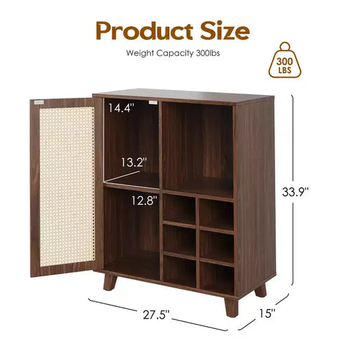 Bahut de rangement de 86 cm avec casier à vin, compartiments multiples, pour salon, Noyer