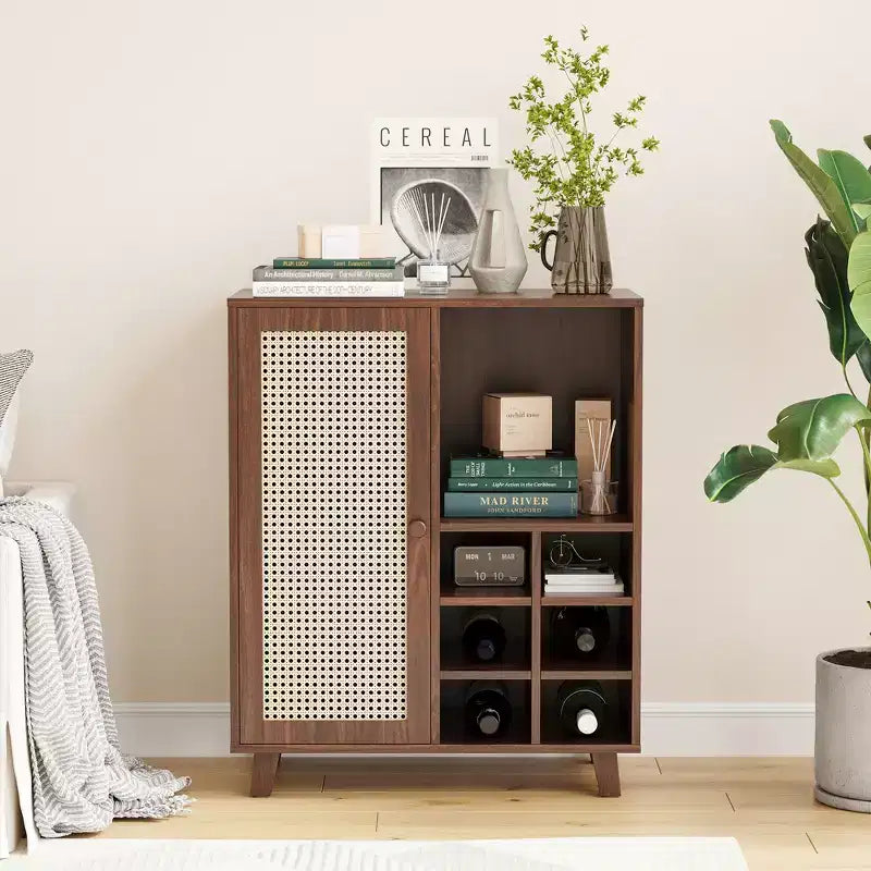 Bahut de rangement de 86 cm avec casier à vin, compartiments multiples, pour salon, Noyer