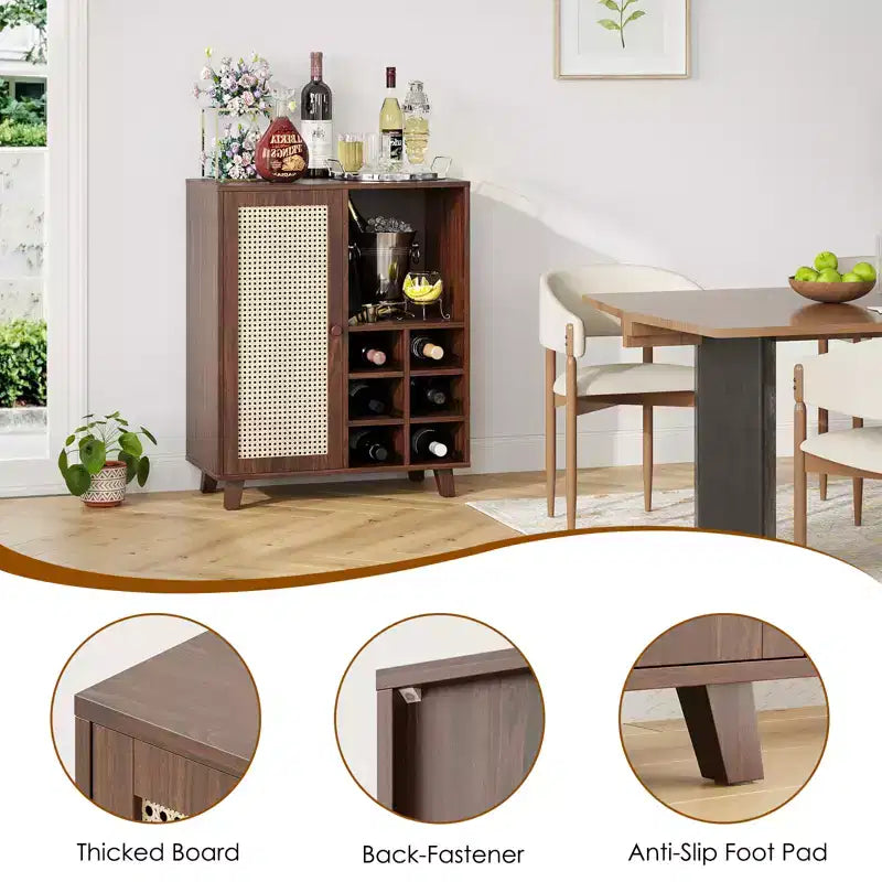 Bahut de rangement de 86 cm avec casier à vin, compartiments multiples, pour salon, Noyer