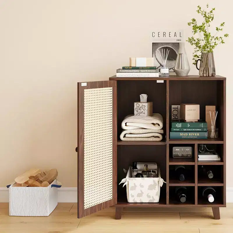 Bahut de rangement de 86 cm avec casier à vin, compartiments multiples, pour salon, Noyer