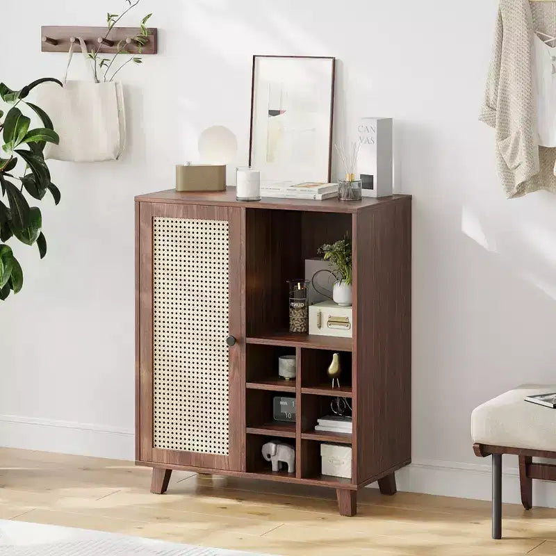 Bahut de rangement de 86 cm avec casier à vin, compartiments multiples, pour salon, Noyer