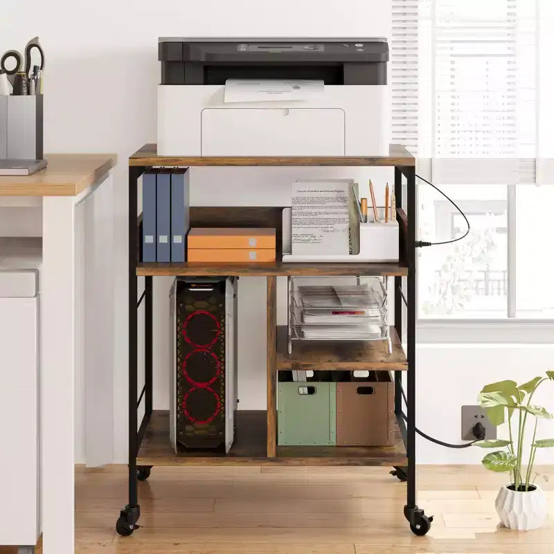 Support d'imprimante mobile à 3 niveaux avec station de charge et étagère de rangement - Organisateur de bureau roulant pour la maison, le bureau, la cuisine, le salon
