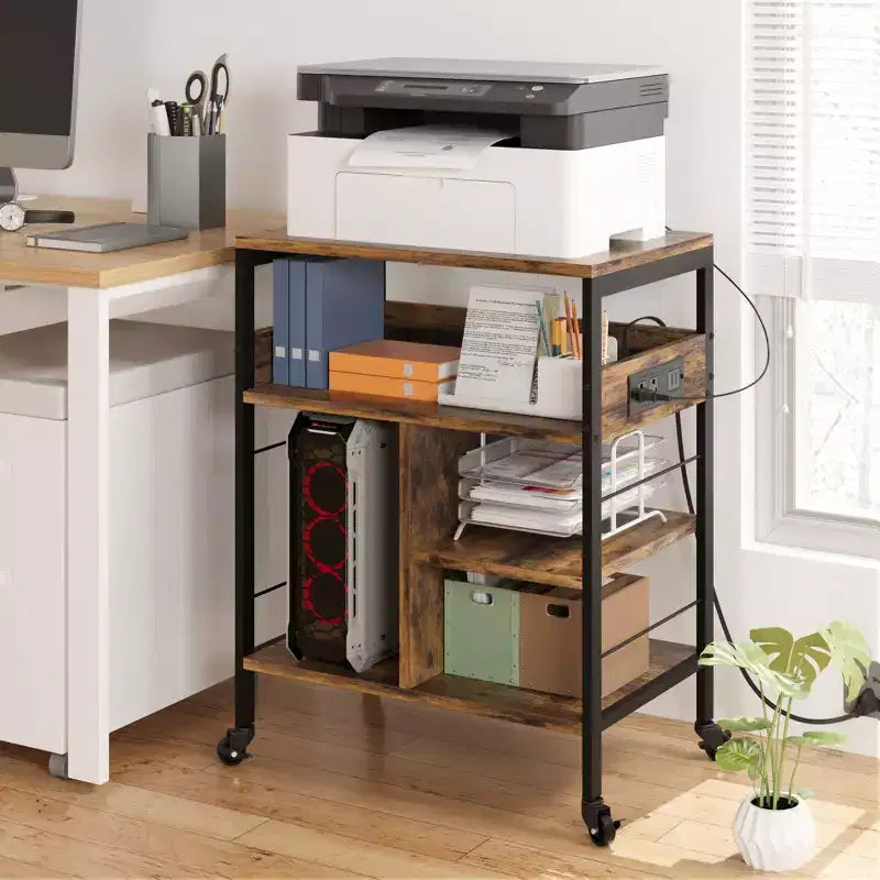 Support d'imprimante mobile à 3 niveaux avec station de charge et étagère de rangement - Organisateur de bureau roulant pour la maison, le bureau, la cuisine, le salon