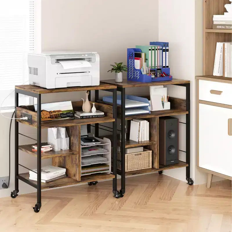 Support d'imprimante mobile à 3 niveaux avec station de charge et étagère de rangement - Organisateur de bureau roulant pour la maison, le bureau, la cuisine, le salon