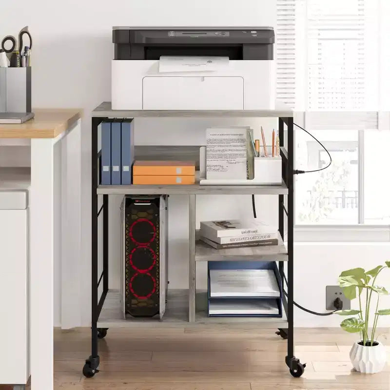 Support d'imprimante mobile à 3 niveaux avec station de charge et étagère de rangement - Organisateur de bureau roulant pour la maison, le bureau, la cuisine, le salon