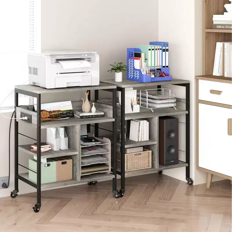 Support d'imprimante mobile à 3 niveaux avec station de charge et étagère de rangement - Organisateur de bureau roulant pour la maison, le bureau, la cuisine, le salon