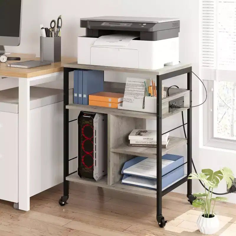 Support d'imprimante mobile à 3 niveaux avec station de charge et étagère de rangement - Organisateur de bureau roulant pour la maison, le bureau, la cuisine, le salon