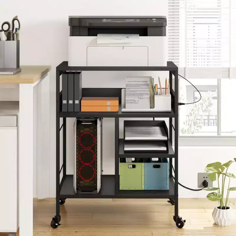 Support d'imprimante mobile à 3 niveaux avec station de charge et étagère de rangement - Organisateur de bureau roulant pour la maison, le bureau, la cuisine, le salon