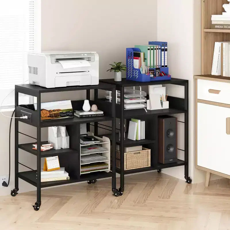 Support d'imprimante mobile à 3 niveaux avec station de charge et étagère de rangement - Organisateur de bureau roulant pour la maison, le bureau, la cuisine, le salon