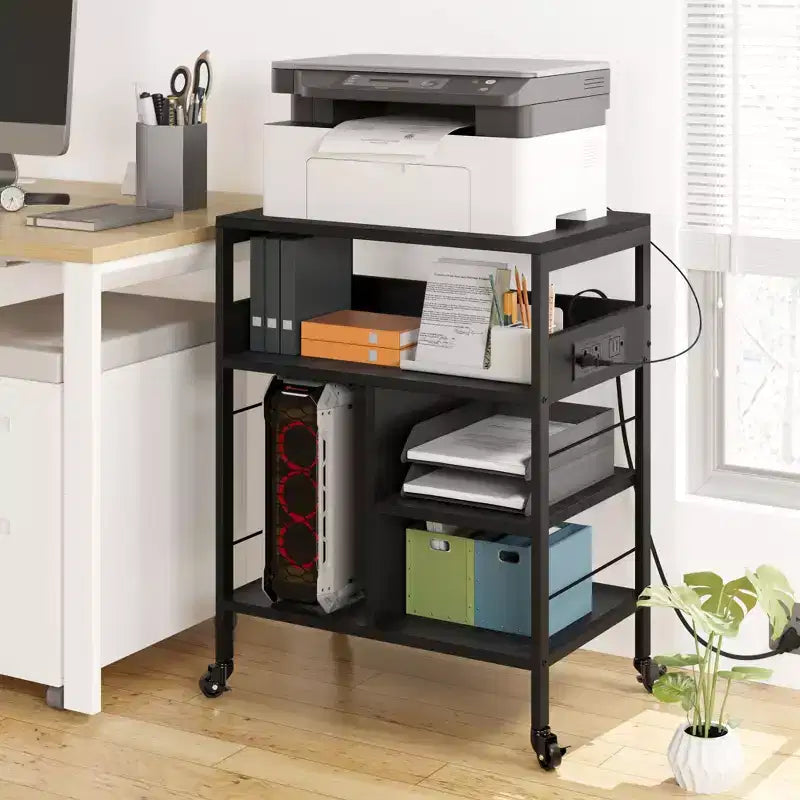 Support d'imprimante mobile à 3 niveaux avec station de charge et étagère de rangement - Organisateur de bureau roulant pour la maison, le bureau, la cuisine, le salon
