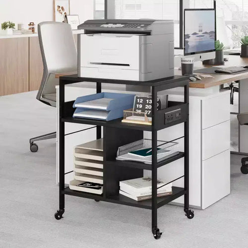 3-Tier Mobile Printer Stand with Charging Station &amp; Storage Shelf - Rolling Desk Organizer for Home Office, Kitchen,Living Room