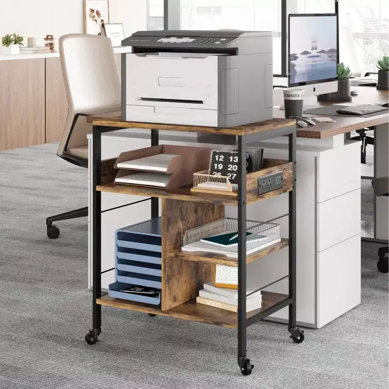Support d'imprimante mobile à 3 niveaux avec station de charge et étagère de rangement - Organisateur de bureau roulant pour la maison, le bureau, la cuisine, le salon