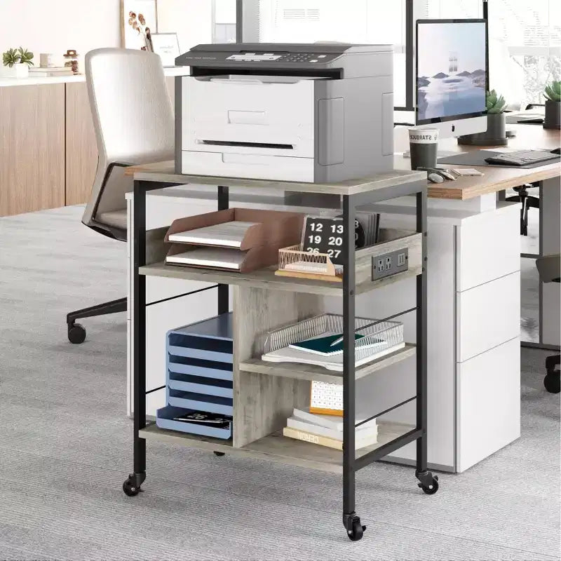 Support d'imprimante mobile à 3 niveaux avec station de charge et étagère de rangement - Organisateur de bureau roulant pour la maison, le bureau, la cuisine, le salon