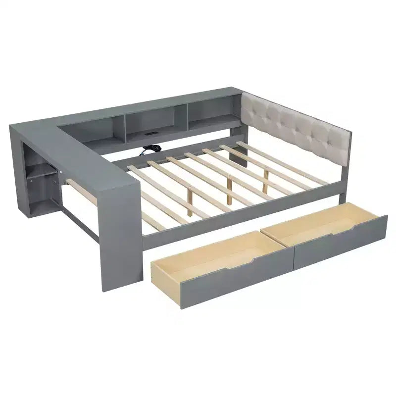 Lit double plateforme en bois avec étagères de rangement, tiroirs, station de recharge et tête de lit rembourrée