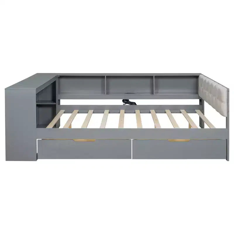 Lit double plateforme en bois avec étagères de rangement, tiroirs, station de recharge et tête de lit rembourrée