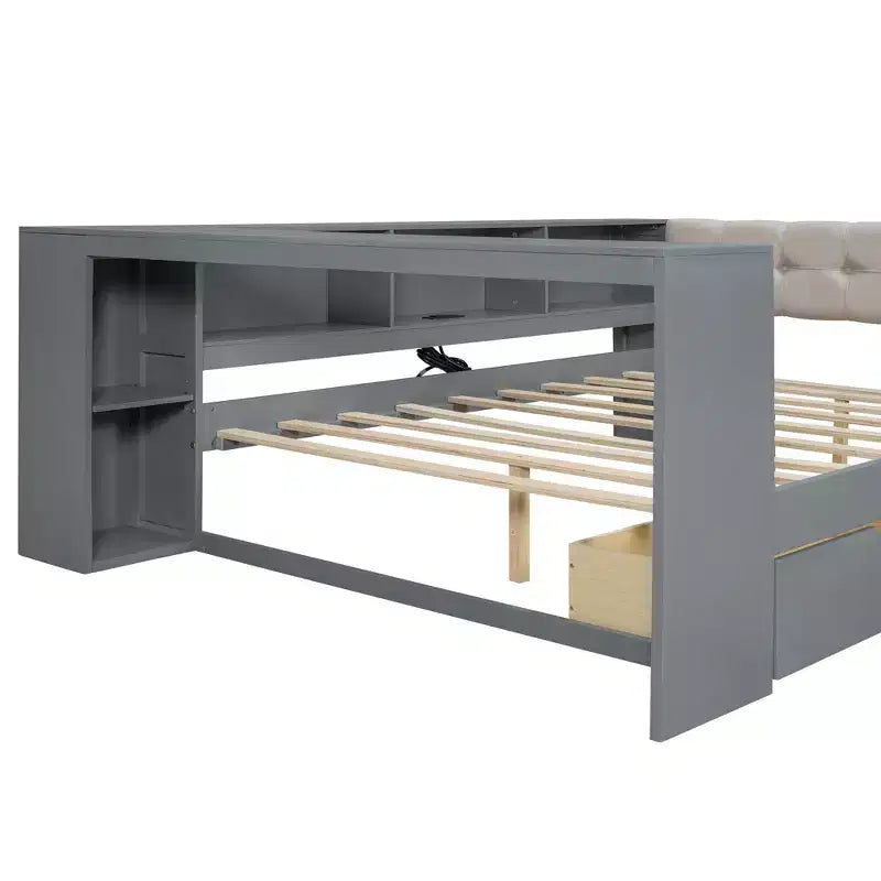Lit double plateforme en bois avec étagères de rangement, tiroirs, station de recharge et tête de lit rembourrée