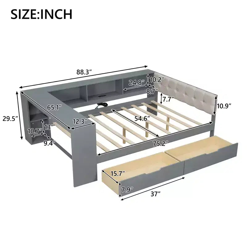 Lit double plateforme en bois avec étagères de rangement, tiroirs, station de recharge et tête de lit rembourrée