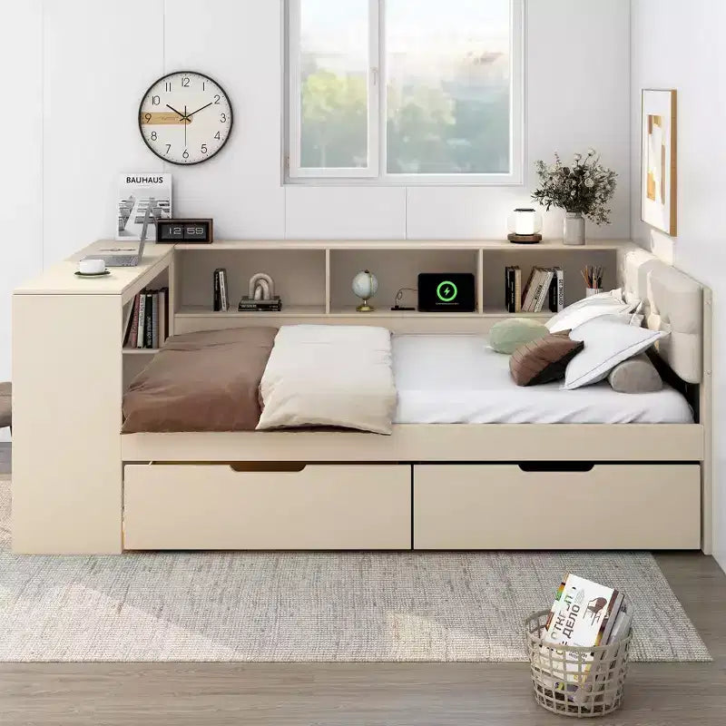 Lit double plateforme en bois avec étagères de rangement, tiroirs, station de recharge et tête de lit rembourrée