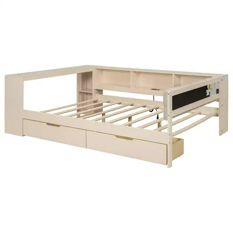 Lit double plateforme en bois avec étagères de rangement, tiroirs, station de recharge et tête de lit rembourrée